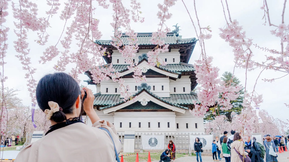 turista tomando fotos del castillo hirosaki en aomori que es un lugar mundialmente reconocido para l